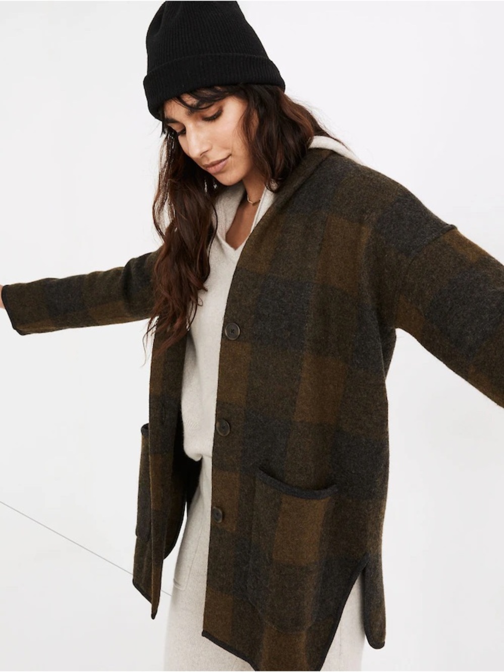 Madewell Women's Buffalo Check Sweater Coat in Merino Wool Size XS Overcoat